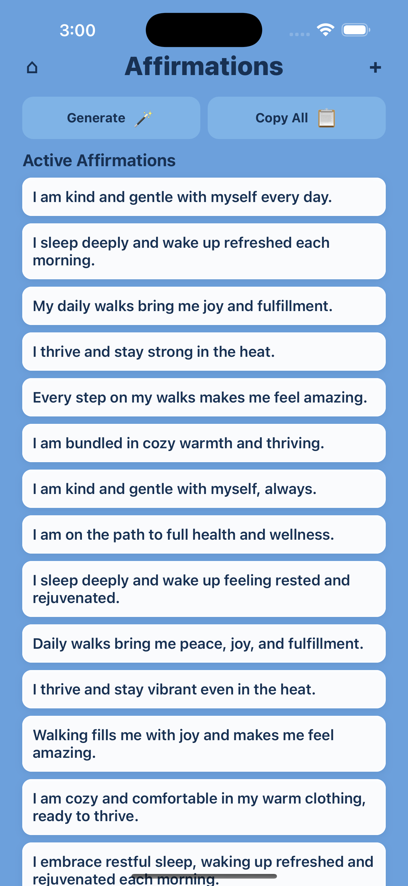 Affirmations screen with examples tailored to goals.