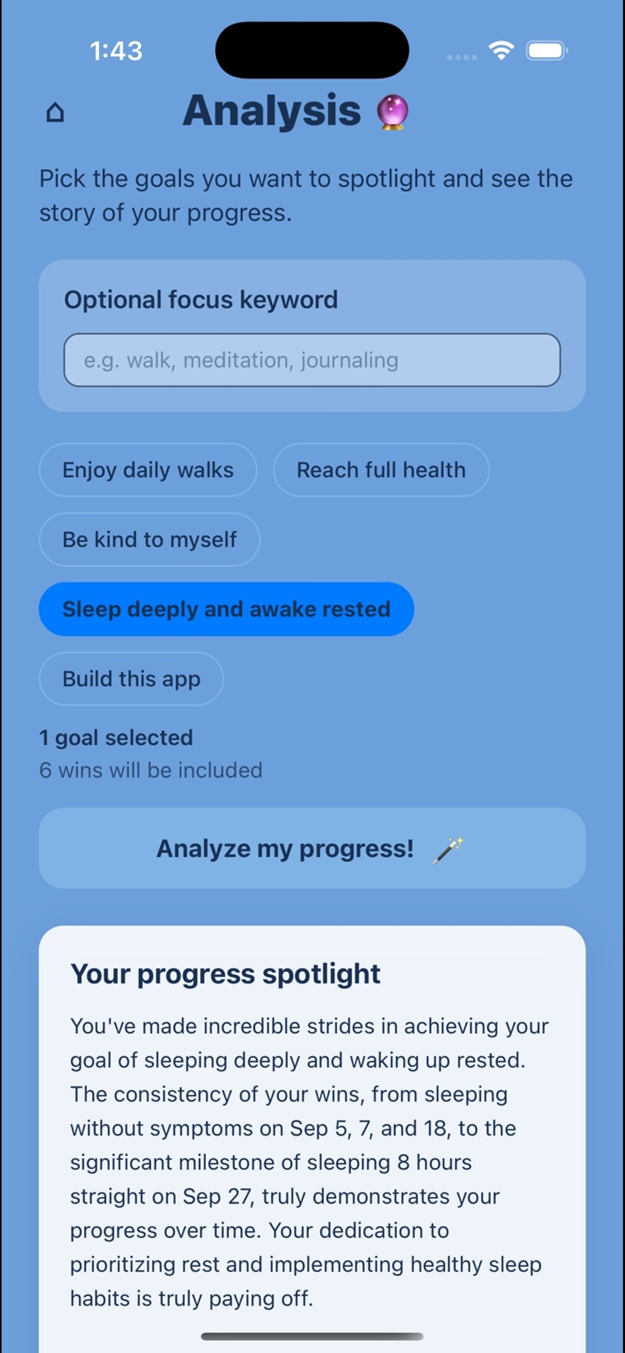 Analysis screen highlighting streak insights, win trends, and suggested focus areas.