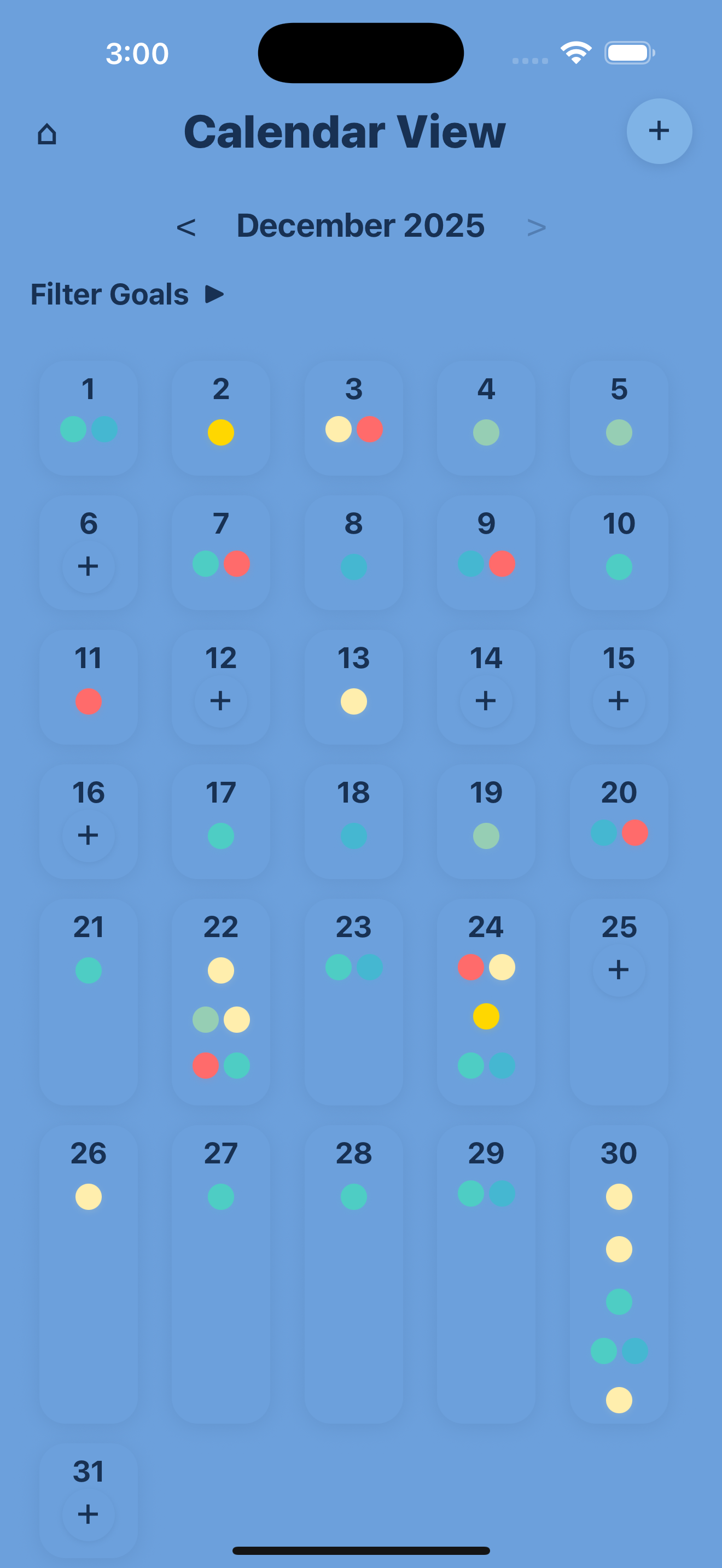 Calendar view highlighting days with logged wins and milestones.