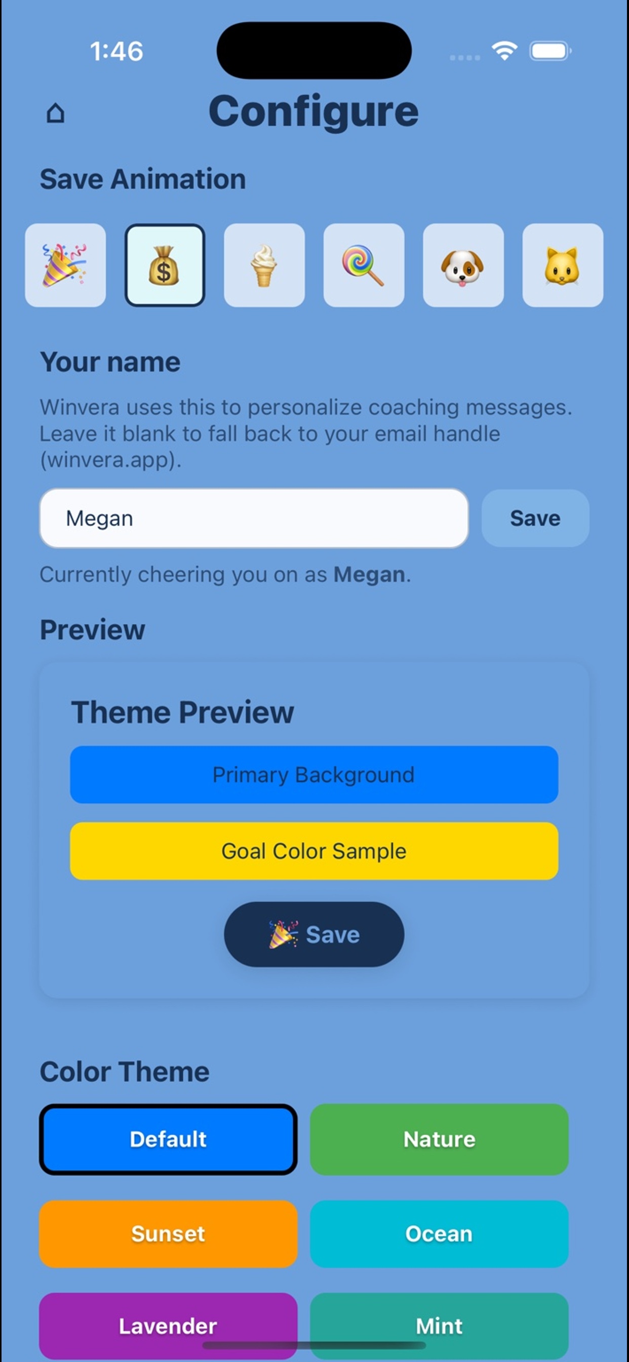 Configure screen with celebration animation and theme choices.
