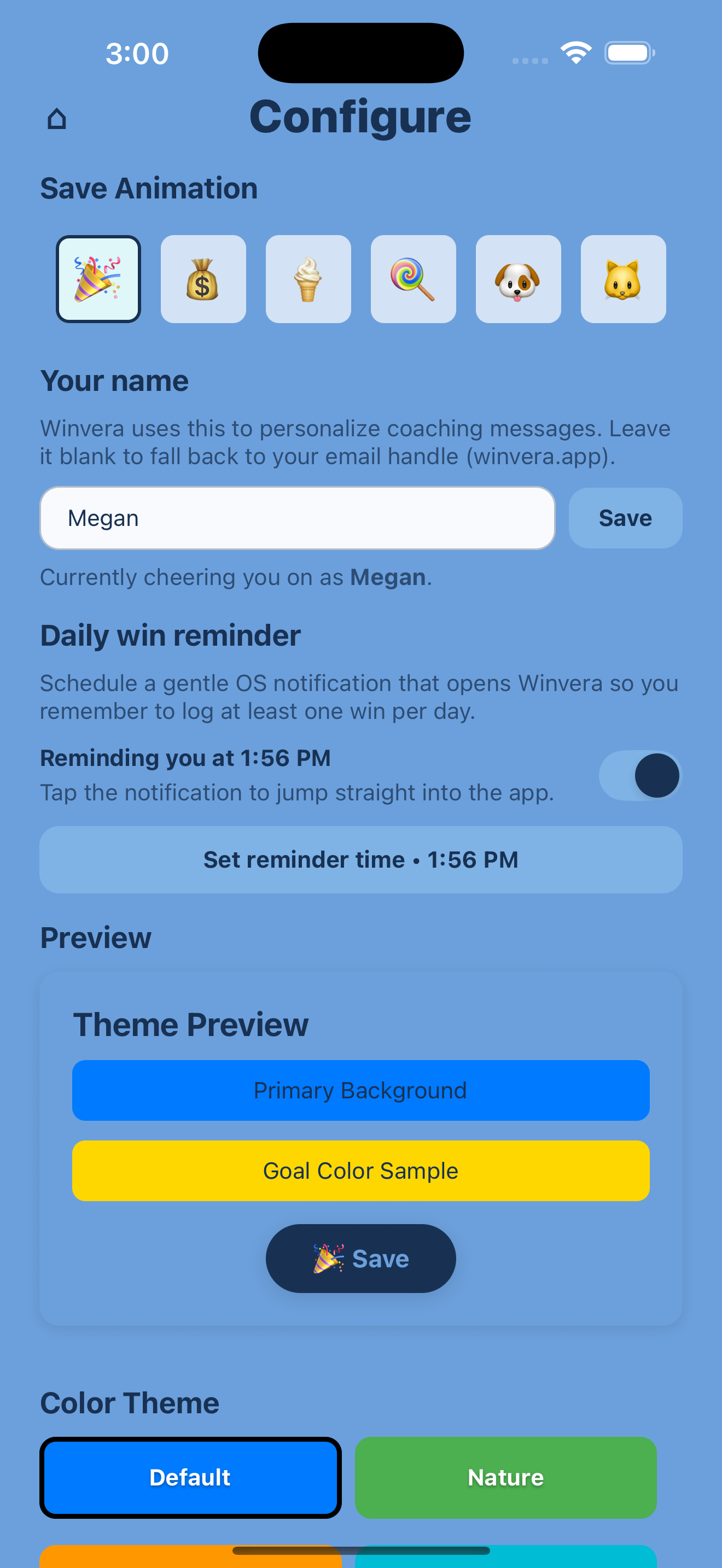 Configure screen with celebration animation and theme choices.