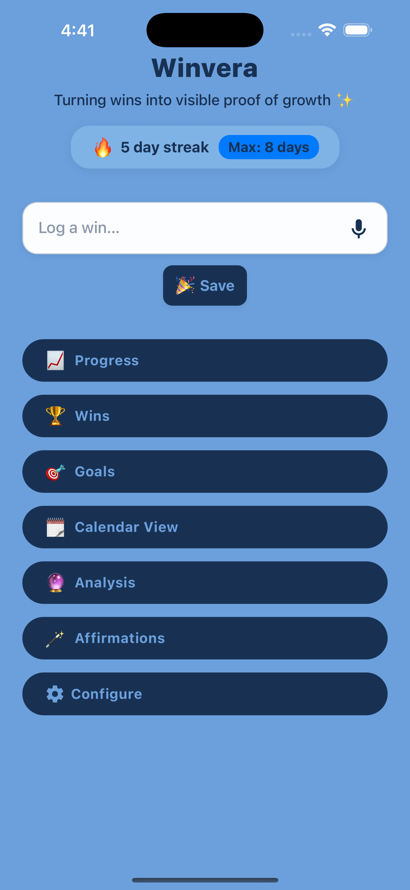Winvera home dashboard showing a current streak card and quick navigation.