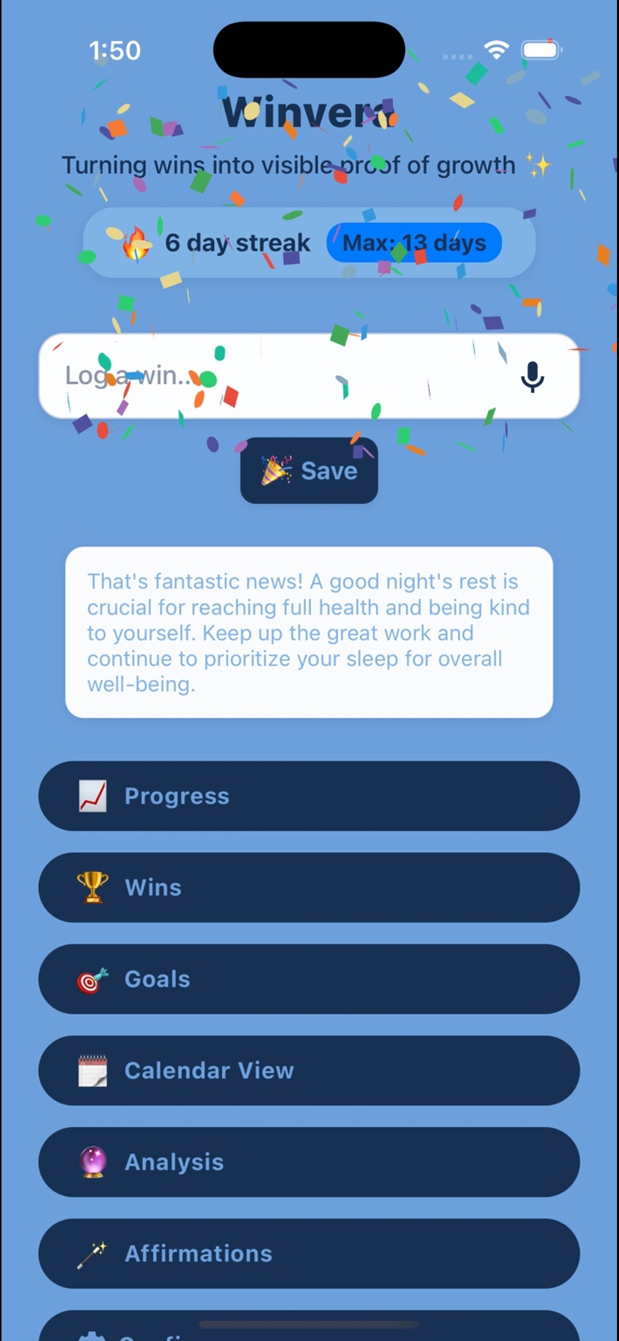 Save a win screen with voice input and text entry options.