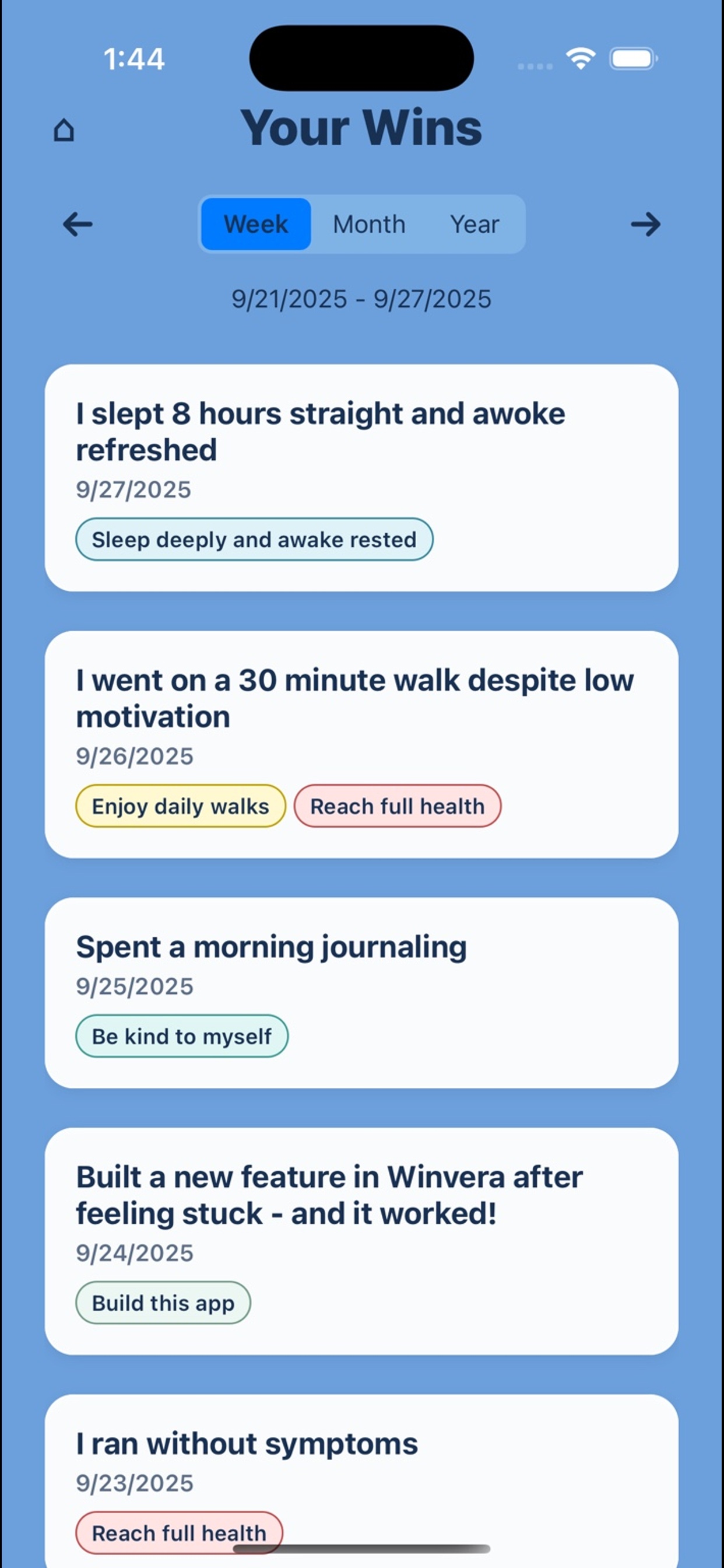 Wins list screen to browse and filter past wins.